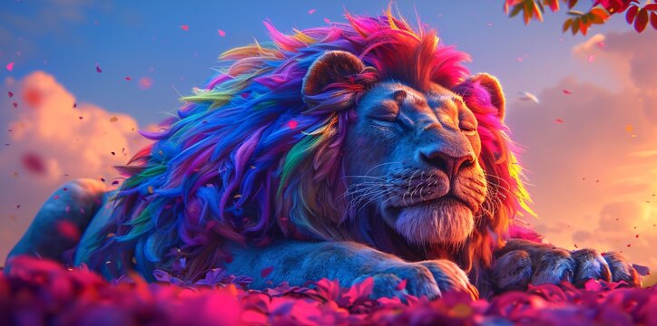Serenely resting lion its mane a cascade of rainbow hues blending with the colors of the sunset