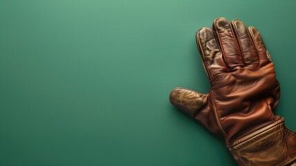 A single brown leather glove lying on a green background - obrazy, fototapety, plakaty