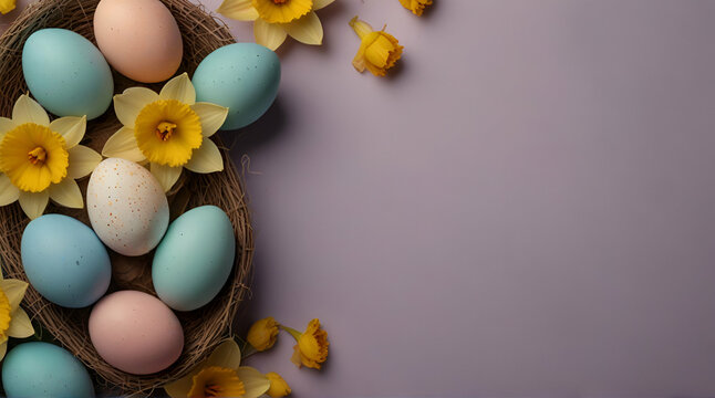 Easter pastel background with colorful easter eggs and daffodils.generative.ai