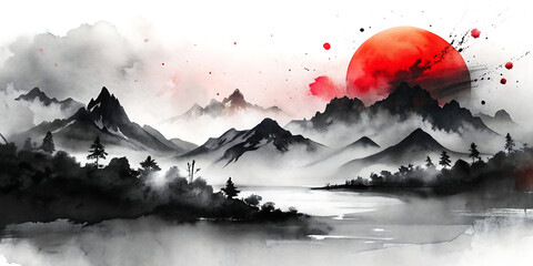 red sun with black and white background