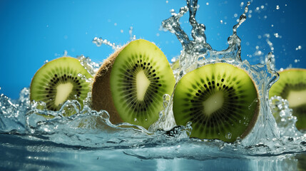 Morceaux de fruits, kiwi sur un fond bleu avec éclaboussure d'eau. Fruit, sain, délicieux, sucré. Jus de fruit, dessert. Pour conception et création graphique. 