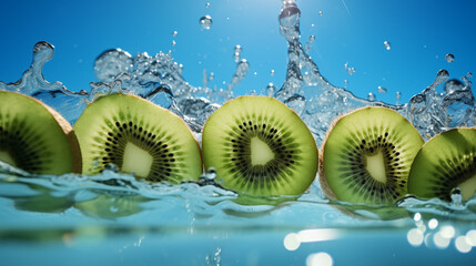 Morceaux de fruits, kiwi sur un fond bleu avec éclaboussure d'eau. Fruit, sain, délicieux, sucré. Jus de fruit, dessert. Pour conception et création graphique.  - obrazy, fototapety, plakaty