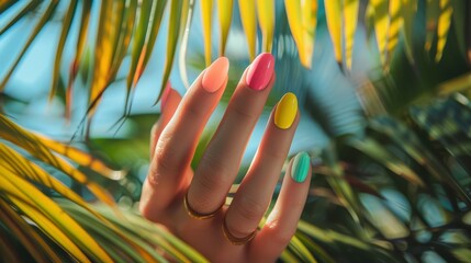 close-up of a woman's hand with a multi-colored manicure on the background of a palm tree, summer manicure