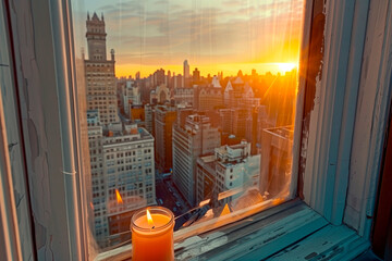 Remember the Sabbath day, to keep it holy. The Fourth Commandment. A solitary candle flickers on a windowsill, as the bustling city outside pauses. - obrazy, fototapety, plakaty