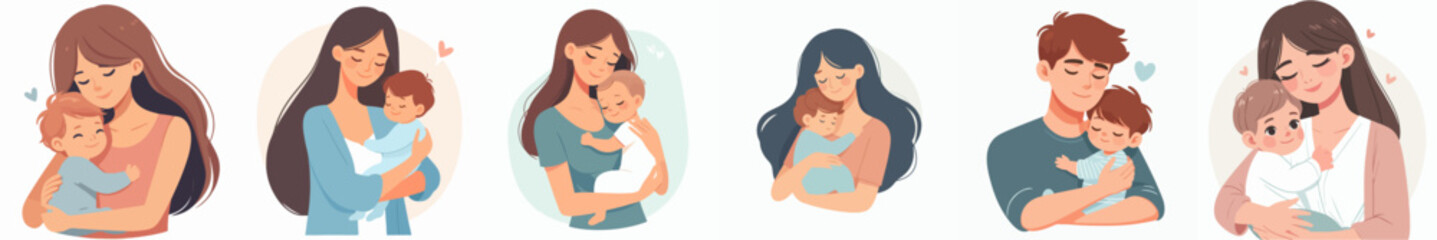 vector set of illustrations of a father and mother are holding a baby