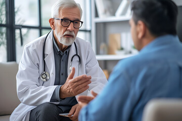 Senior doctor with a stethoscope giving medical advice to a male patient during a consultation in a clinic office. Generative AI - obrazy, fototapety, plakaty
