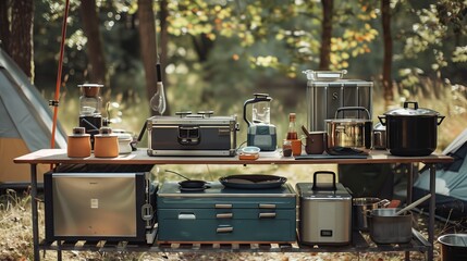 Camping kitchen equipment and cooking equipment in a peaceful forest.
