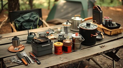 Camping kitchen equipment and cooking equipment in a peaceful forest.