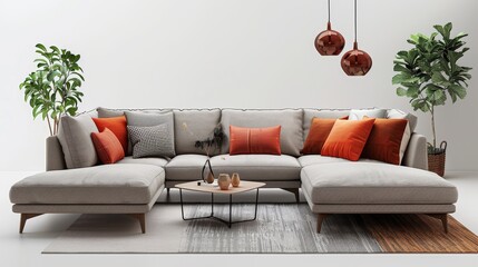 Sectional Sofa and Contemporary Decor on Transparent Background
