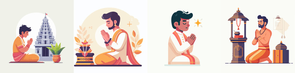 vector set of illustrations of Hindu man praying