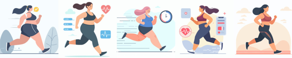 vector set of illustrations of fat woman is jogging - obrazy, fototapety, plakaty