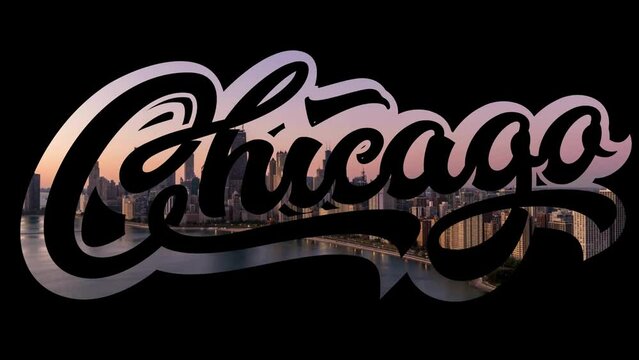 Chicago Dynamic Skyline Time Lapse Cinematic Footage Displayed Inside Bold Modern Cursive Typography Black Background Copy Space Area