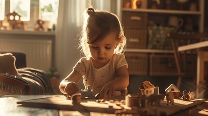 Little child playing with small animal toys On the table in the living room There was a blank rectangular wooden board in front of her. There are miniature houses and animals.