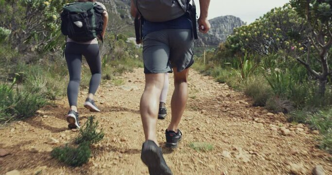 Trekking, nature people and group running on outdoor morning journey, travel or cardio performance. Mountain, runner and back of friends hiking, workout and training for active fitness on dirt trail