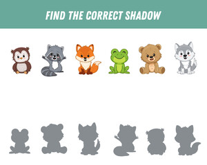 Find correct shadow of cute forest animals. Teddy bear, owl, raccoon, fox, frog, wolf. Educational logical game for kids. Cartoon animals. Vector
