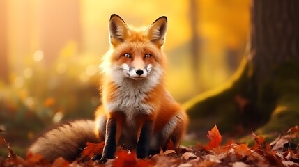 Cute red fox in the forest. 