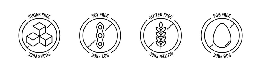 Allergen free products. Products warning symbols. Gluten free, soy free,sugar free, fat free, lactose free. - obrazy, fototapety, plakaty