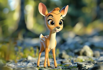 Adorable illustrated fawn with big eyes surrounded by lush greenery