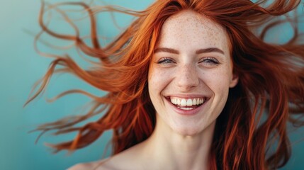 A young woman with flowing red hair and freckles smiles brightly against a blue background, her joy contagious. - obrazy, fototapety, plakaty