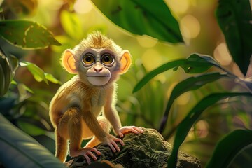 Adorable young monkey sitting among lush greenery: a wildlife and nature study