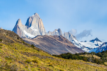 View of Fitz Roy from Loma del Pliegue Tumbado hike in Patagonia, El Chalten area - 774186436