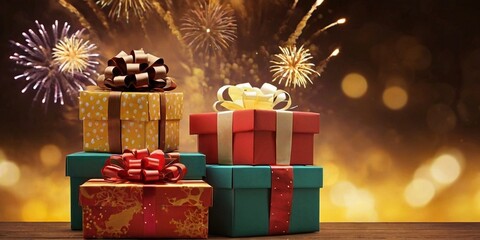 Gift boxes with fireworks on bokeh background.