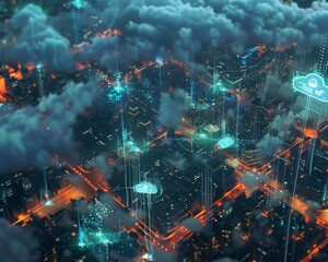 Dynamic aerial view of a digital ecosystem, representing cloud platforms with holographic interfaces