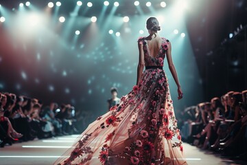 Elegant fashion model walking on the runway in a designer dress during a fashion show event. - Powered by Adobe