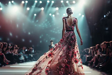Elegant fashion model walking on the runway in a designer dress during a fashion show event. © Creative_Bringer