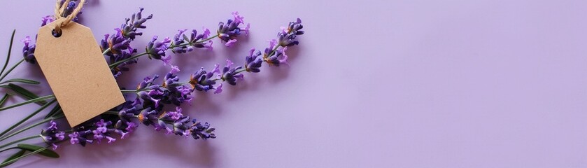 Elegant lavender sprigs with a blank tag on a purple background for customization and branding.