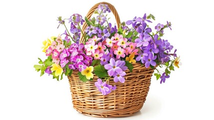 Beautiful flowers in a basket isolated on white. Beautiful flowers in a basket isolated