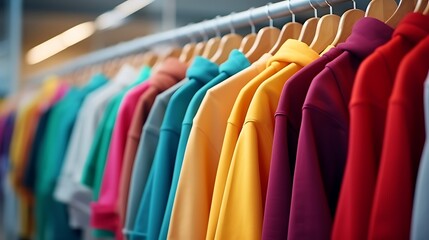 clothes on hangers in a store
