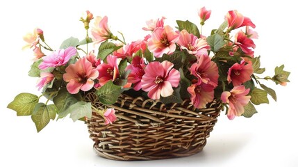 Beautiful flowers in a basket isolated on white. Beautiful flowers in a basket isolated