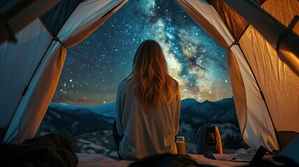 Close-up of a beautiful woman sitting with her back in a tent inside a comfortable tent with a door that opens under a starry sky with the Milky Way. Realistic. - obrazy, fototapety, plakaty