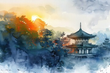 Obraz premium A tranquil watercolor banner depicting a Buddhist temple at sunrise, radiating peace and mindfulness