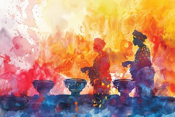 A harmonious watercolor banner featuring an African traditional spiritual ritual, rich in culture and heritage - obrazy, fototapety, plakaty