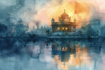 An atmospheric watercolor banner of a Sikh Gurdwara at dawn, reflecting spirituality and the sacred