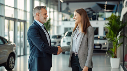 Car dealer showing car to a businessman in showroom. Buying new car in dealership. Car rental, lease, insurance, dealership concept. Female seller and male customer shaking hands in car salon