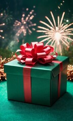 Gift box with red ribbon on green background with fireworks and bokeh.