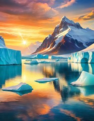 Illustrate the majestic beauty of icebergs reflecting in calm sea water under a bright
