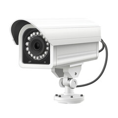 A  white security camera mounted on a white stand. It has a black lens and a black cable.