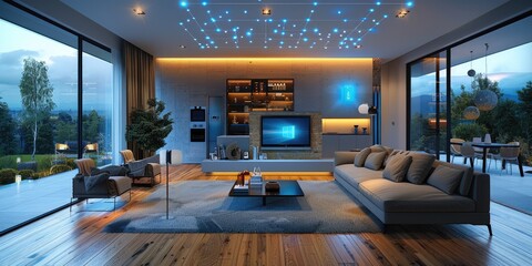Home entertainment system with a TV, streaming device, and synchronized sound system - obrazy, fototapety, plakaty