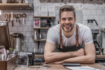 Portrait of smiling male coffee shop owner standing behind counter. Portrait of a confident male...