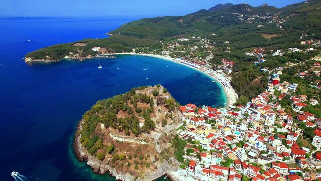 Greece travel and scenic places. Aerial drone video of Parga colorful town and popular tourist resort in Epirus