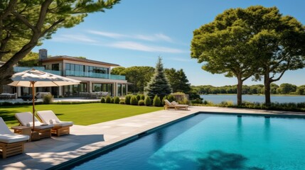 Fototapeta premium Mediterranean inspired villa with a sprawling garden and a private beach access in the exclusive Hamptons, New York