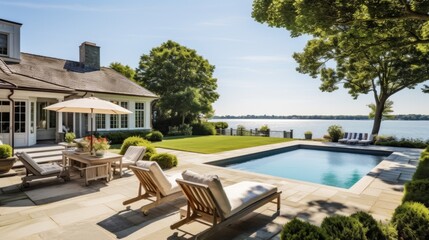 Mediterranean inspired villa with a sprawling garden and a private beach access in the exclusive Hamptons, New York