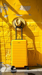 Elegant Yellow Suitcase and Hat on yellow Background. Travel, fashion, and leisure concept