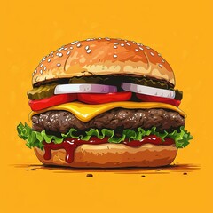 A cartoon style illustration of an American cheeseburger, simple flat design with minimal details, designed for use in graphics or clip art. Generative AI
