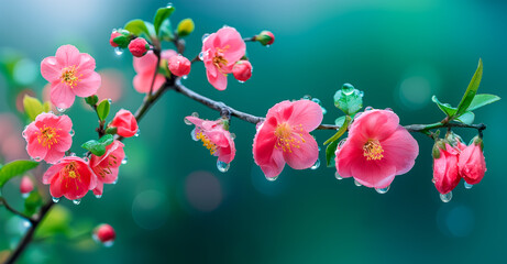 Fototapeta premium Closeup pink flowers with droplets of water on them. Blossom quince branch