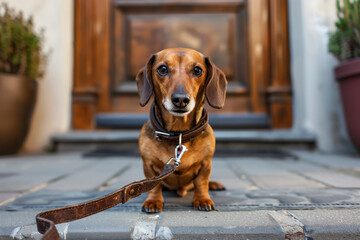 A Dachshund dog sits on a taut leash, looking into the frame at its owner. The dog is asking to go for a walk. The dog eagerly anticipates a stroll with its owner.